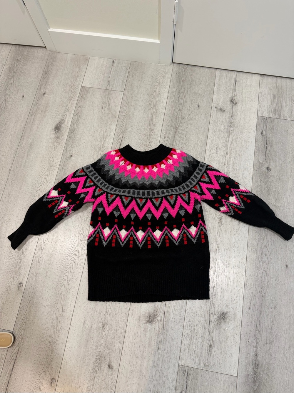 Autumn Cashmere Black Crewneck Sweater with Pink & Gray Geometric Yoke
